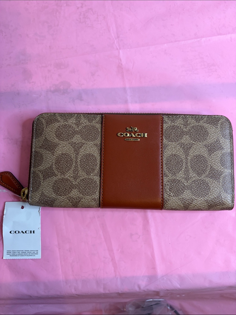Coach Brown Signature Zip Wallet with Tan Leather Center